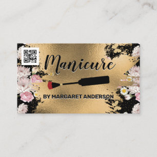 Nail Polish Brush Gold and Flowers qr Code Appointment Card