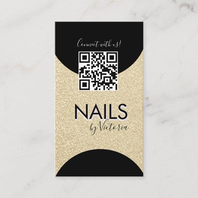 Nail Salon Beauty Artist QR Code Faux Glitter Gold Business Card (Front)