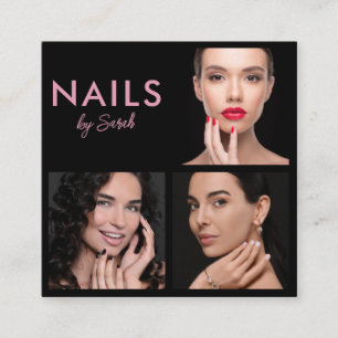 Nail Salon Beauty Technician Pink Black 3 Photo Square Business Card