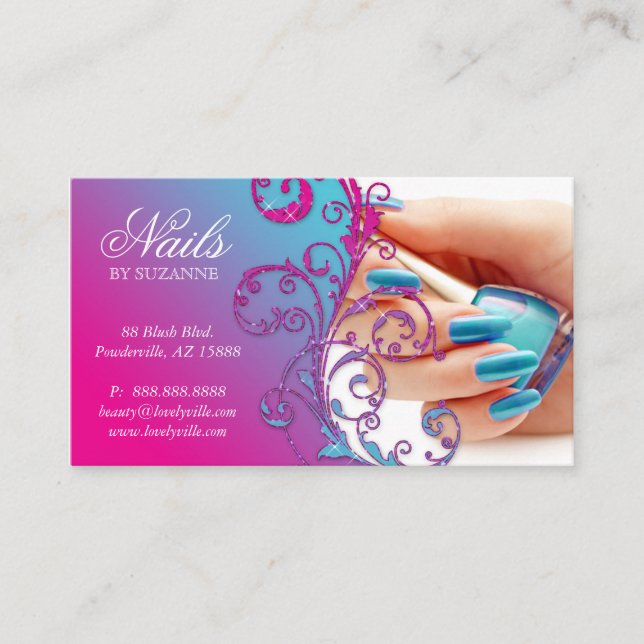 Nail Salon Business Card Glitter Blue Pink (Front)