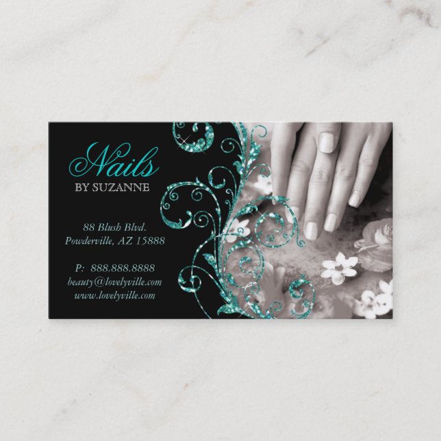 Nail Salon Business Card Glitter Blue Teal (Front)