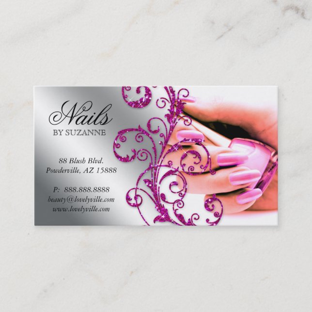 Nail Salon Business Card Glitter Pink Silver 2 (Front)
