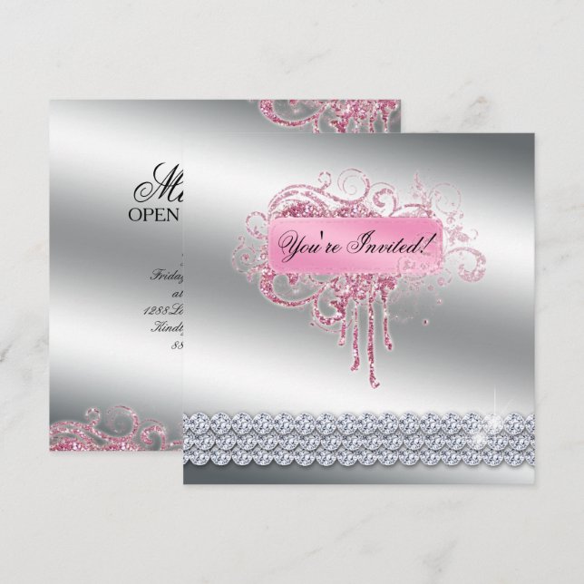 Nail Salon Elegant Pink Glitter Bling Invitation (Front/Back)