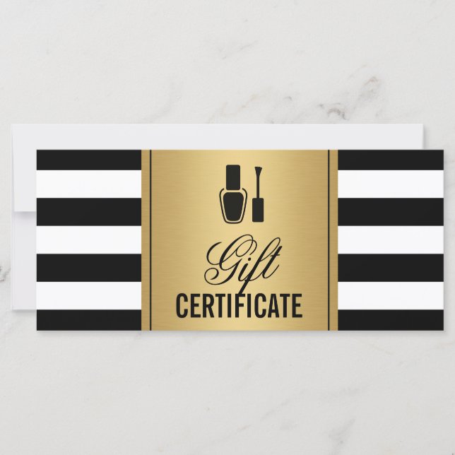 Nail Salon Gift Certificate Gold B&W Stripes (Front)