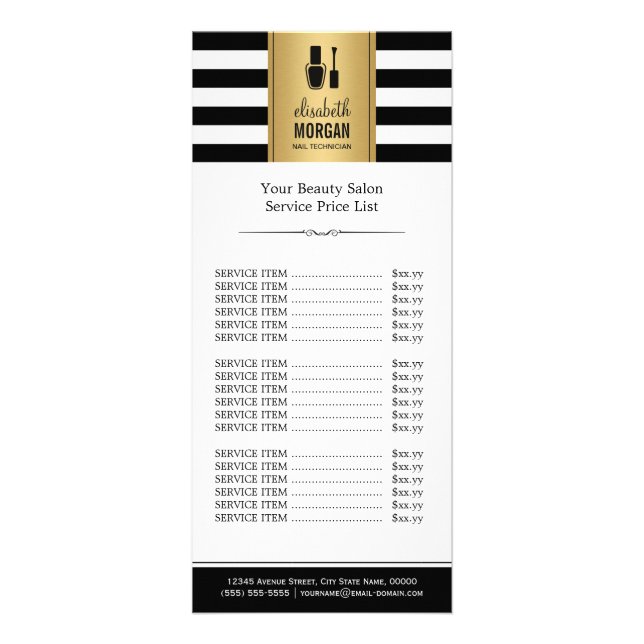 NAIL SALON Gold Black White Stripes Price List Rack Card (Front)