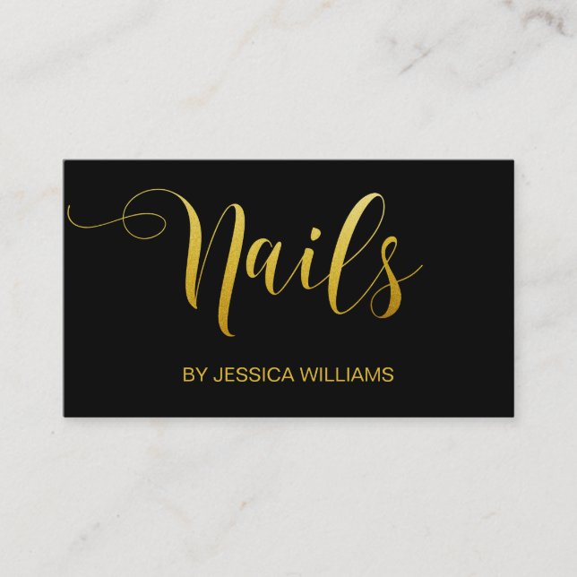 Nail Salon Gold Script Elegant Black Business Card (Front)