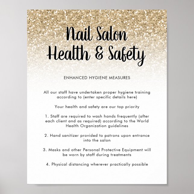 Nail Salon Health Safety Poster Gold Glitter (Front)