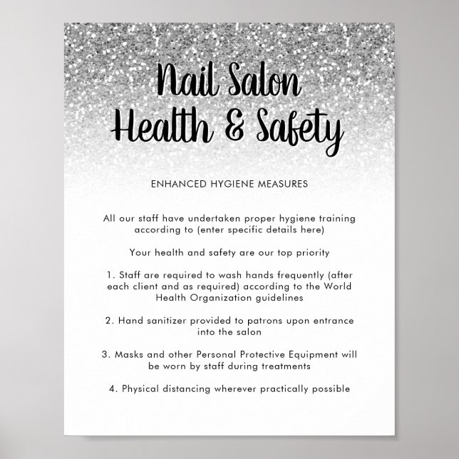 Nail Salon Health Safety Poster Silver Glitter (Front)