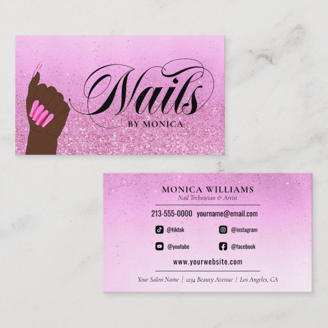Nail Salon Hot Pink Glam Glitter Manicurist Business Card (Front/Back)