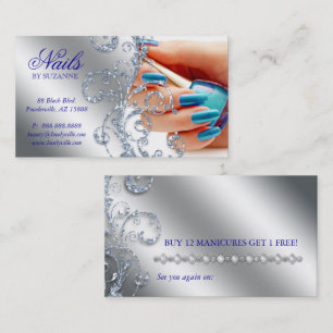 Nail Salon Loyalty Card Glitter Silver Blue Polish