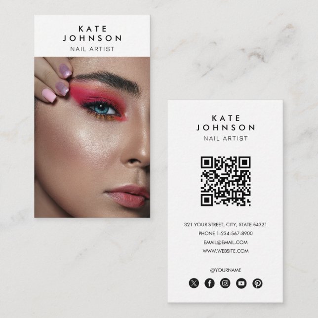 Nail Salon Makeup Artist Photo QR Code  Business Card (Front/Back)