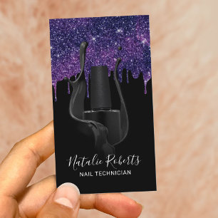 Nail Salon Manicurist Black & Purple Glitter Drips Business Card