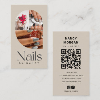 Nail Salon Modern Arch Photo Collage Qr Code Beige Business Card