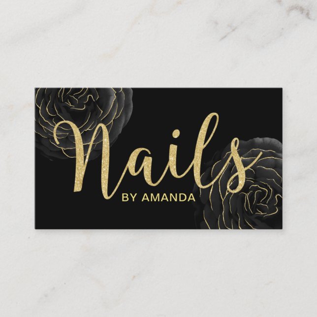 Nail Salon Modern Black & Gold Floral Appointment Card (Front)