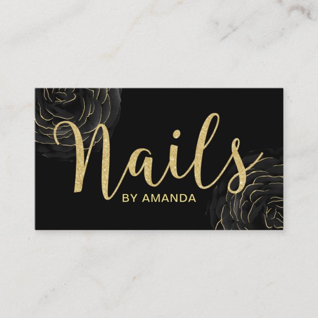 Nail Salon Modern Black & Gold Floral Business Card (Front)