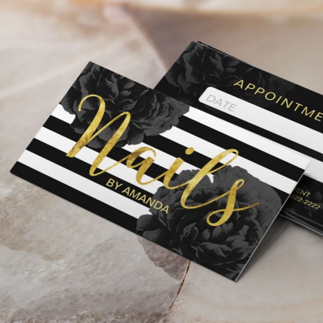 Nail Salon Modern Stripes Black Floral Appointment Card (Creator Uploaded)