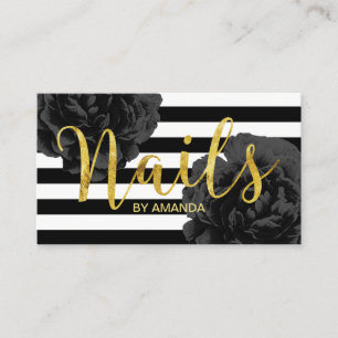 Nail Salon Modern Stripes Elegant Black Floral Business Card