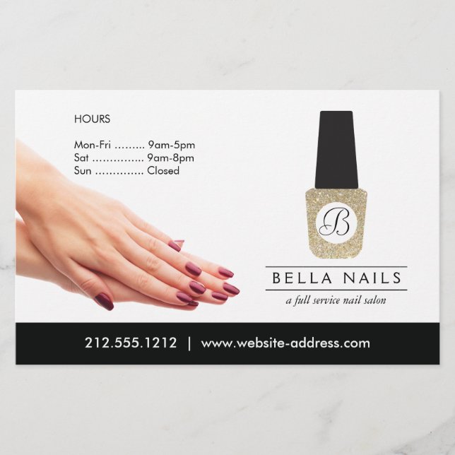 Nail Salon Monogram on Gold Glitter Nail Polish Flyer (Front)