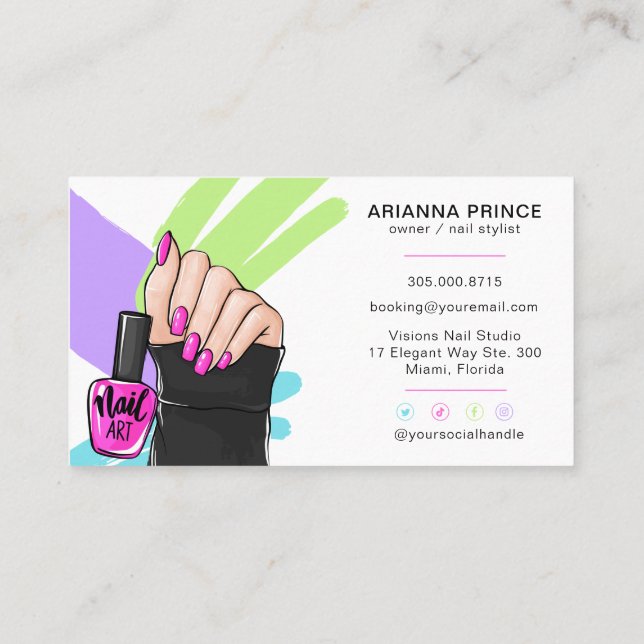  Nail Salon | Nail Tech | Nail Stylist Female Hand Business Card (Back)