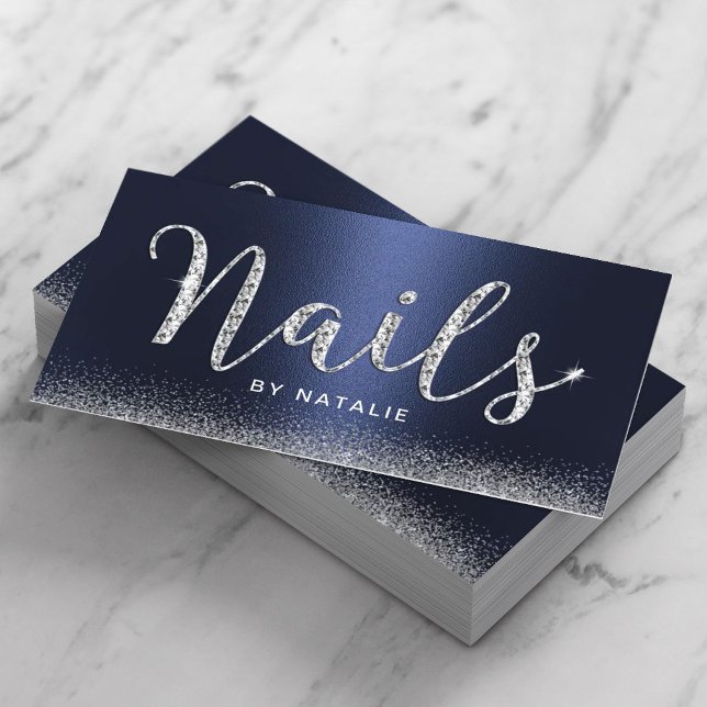 Nail Salon Navy Blue Luxury Diamond Typography Business Card (Creator Uploaded)