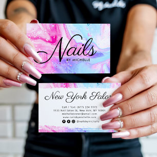Nail salon pink blue girly abstract watercolor art business card