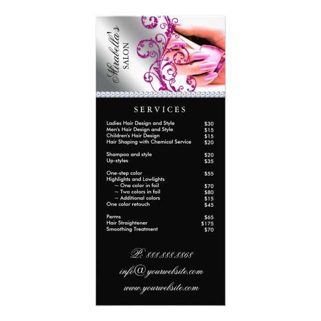 Nail Salon Polish Silver Service Menu Pink (Front)