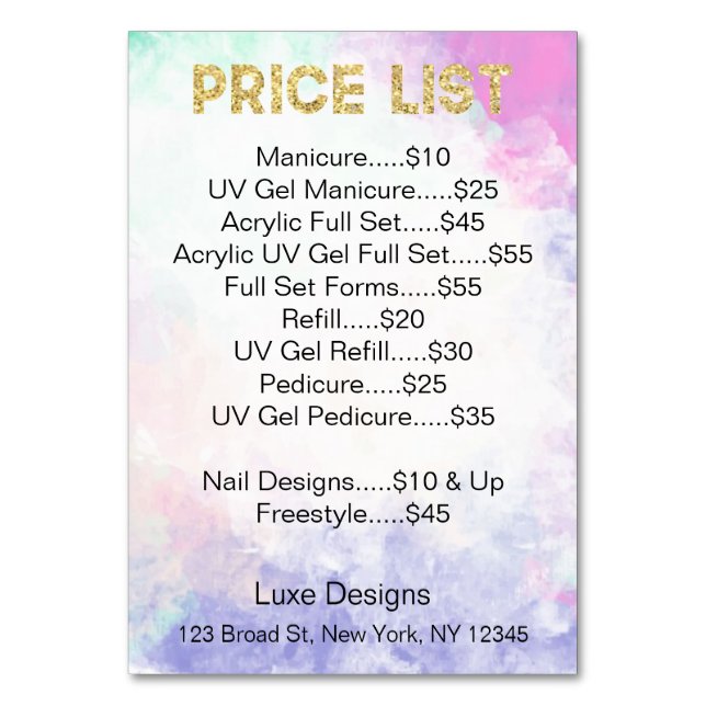 Nail Salon Price List  Glitter Drips Cards (Front)