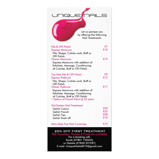 Nail Salon Price List Rack Cards (Front)