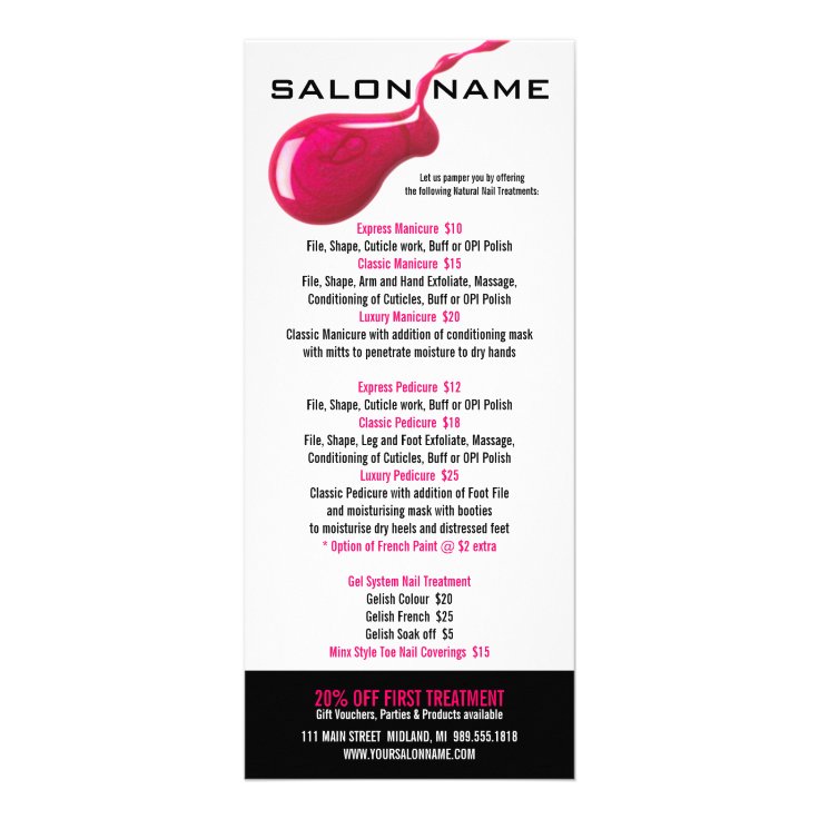 Nail Salon Price List Rack Cards | Zazzle