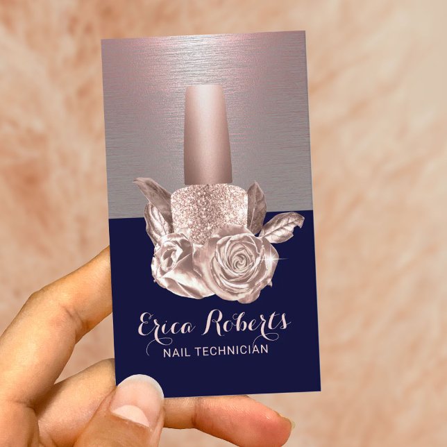 Nail Salon Rose Gold Floral Bottle Navy Manicurist Business Card (Creator Uploaded)