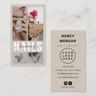 Nail Salon Script 5 Photo Collage Logo Beige Business Card