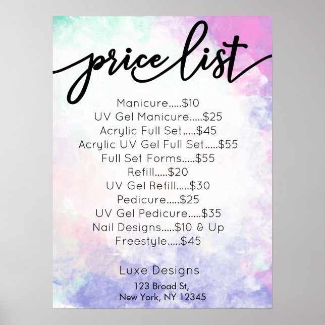 Nail Salon Supplies Watercolor  Price List Poster (Front)