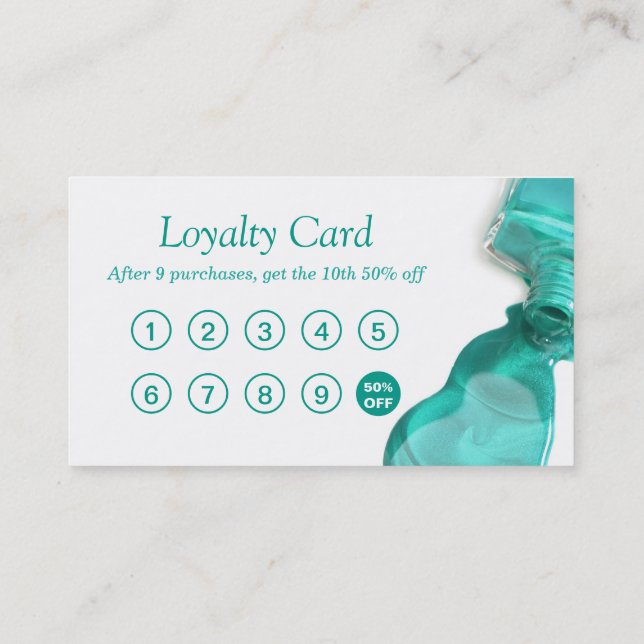 Nail Salon Teal Green Glitter Loyalty Punch Card (Back)