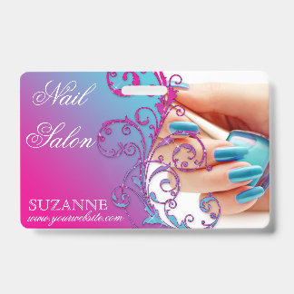 Nail Salon Technician Floral Damask Pink Blue ID Badge