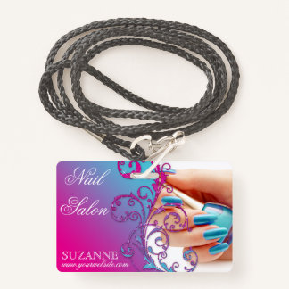 Nail Salon Technician Floral Damask Pink Blue ID Badge