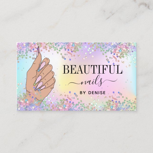 nail salon woman hand holograph nails technician   business card (Front)
