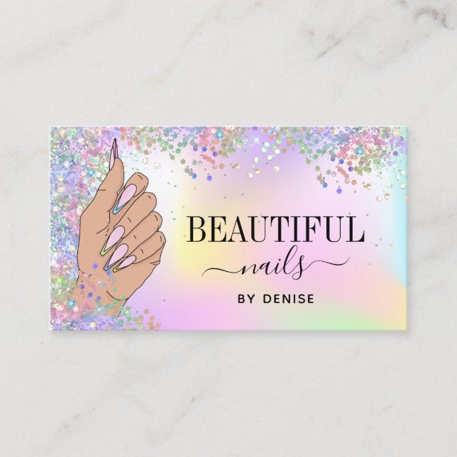 nail salon woman hand holograph nails technician   business card (Front)