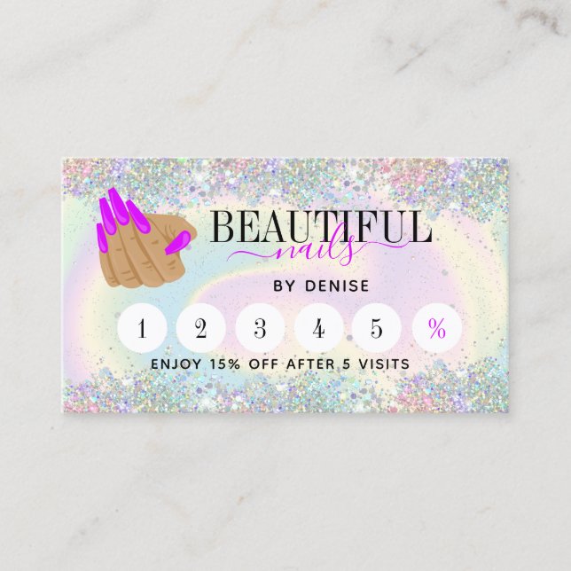 nail salon woman hand nail technician holographic  business card (Front)