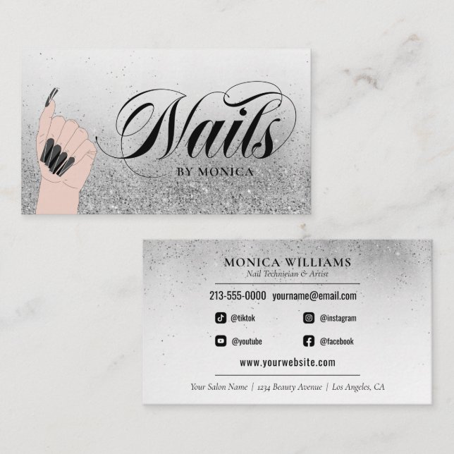 Nail Shop Manicure Tech Silver Black Glam Glitter  Business Card (Front/Back)