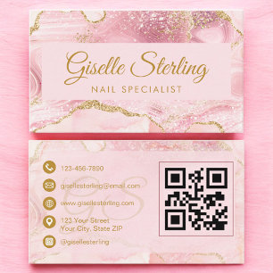 Nail Specialist Blush Pink Gold Agate QR Code Business Card