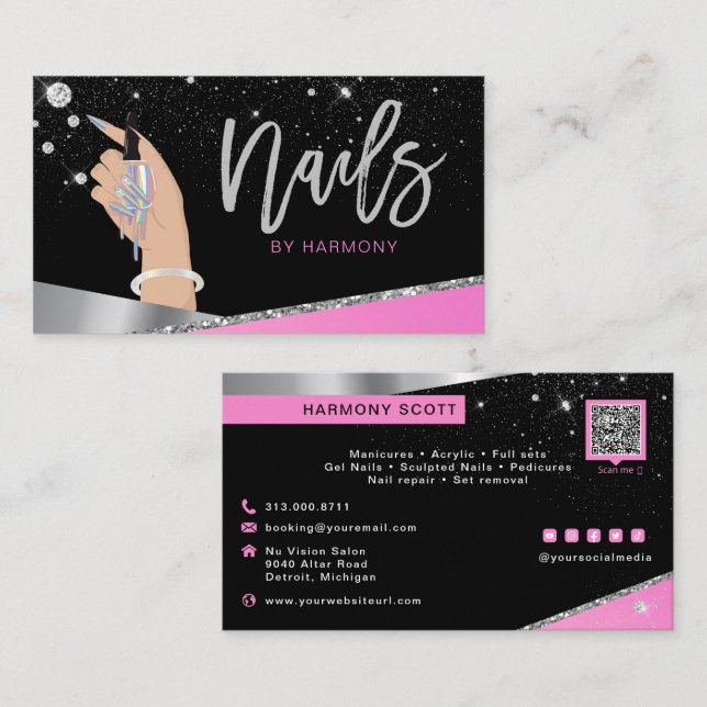 Nail Tech Artist Glam Pink Silver Diamond Salon Bu Business Card (Front/Back)