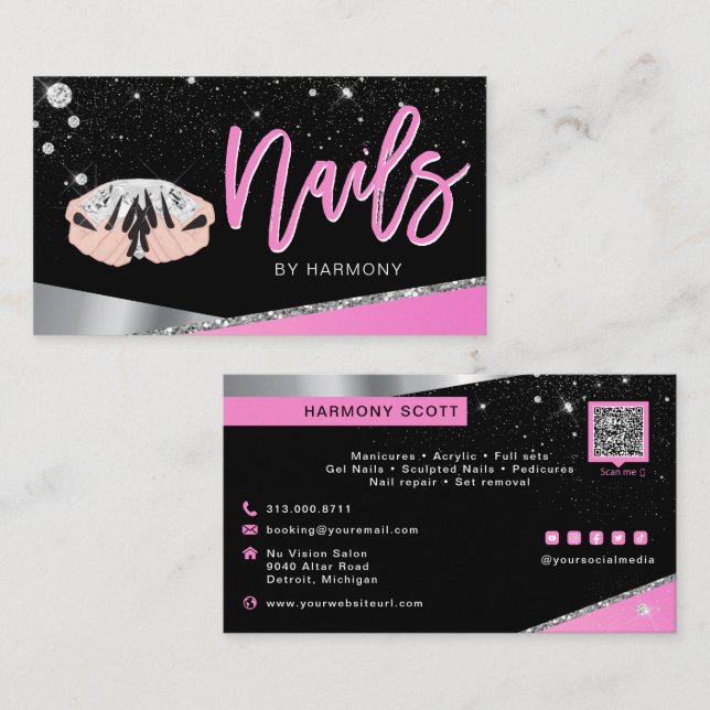 Nail Tech Artist Glam Pink Silver Diamond Salon Bu Business Card (Front/Back)