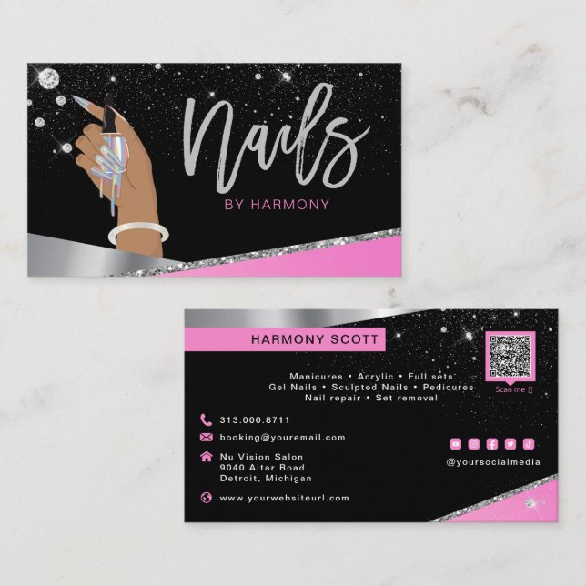 Nail Tech Artist Glam Pink Silver Diamond Salon Business Card (Front/Back)