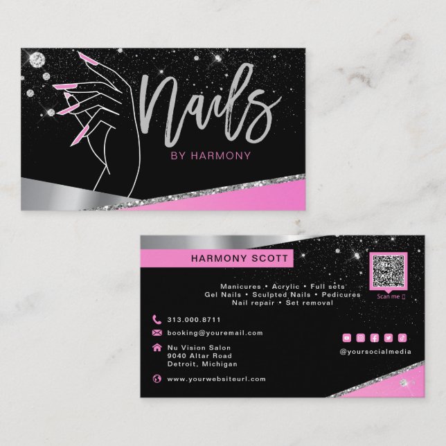 Nail Tech Artist Glam Pink Silver Diamond Salon Business Card (Front/Back)