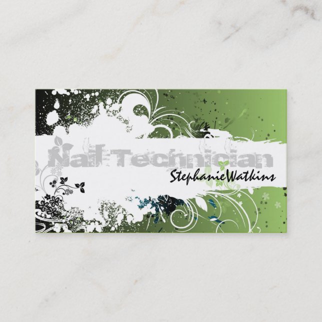 Nail Tech Business Card Grunge Splatter Green (Front)