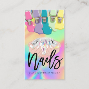 Nail Tech - Hands Diamond Logo - Holographic Salon Business Card