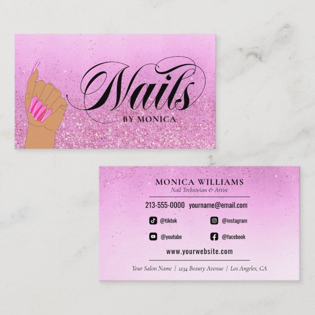 Nail Tech Manicure Artist Hot Pink Glam Glitter Business Card (Front/Back)
