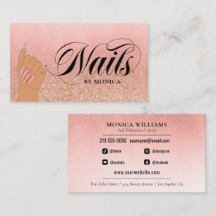 Nail Tech Manicure Artist Peach Gold Glam Glitter Business Card