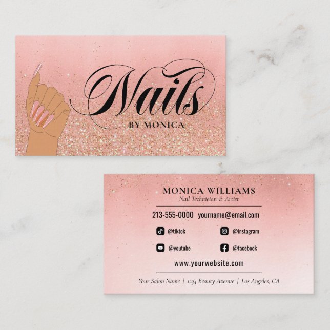 Nail Tech Manicure Artist Peach Gold Glam Glitter Business Card (Front/Back)