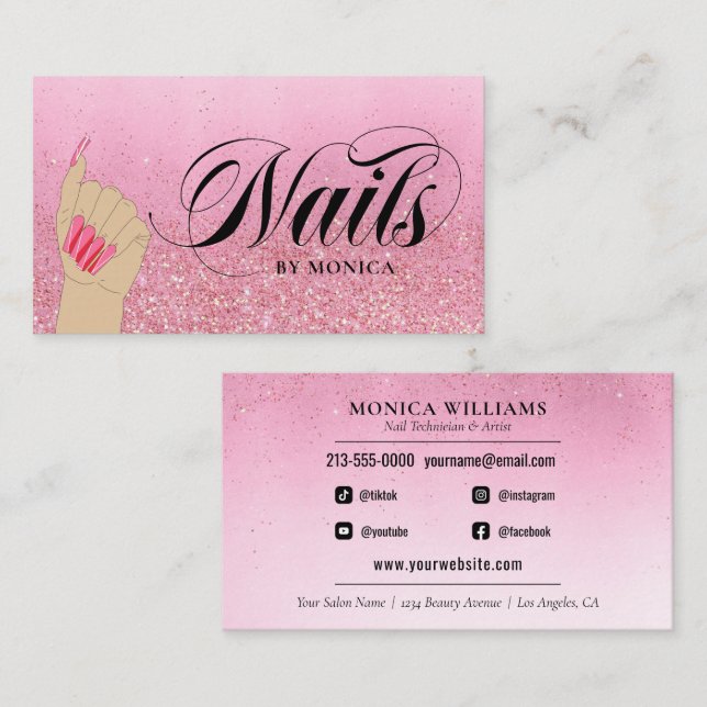 Nail Tech Manicurist Rose Red Glam Glitter Salon B Business Card (Front/Back)